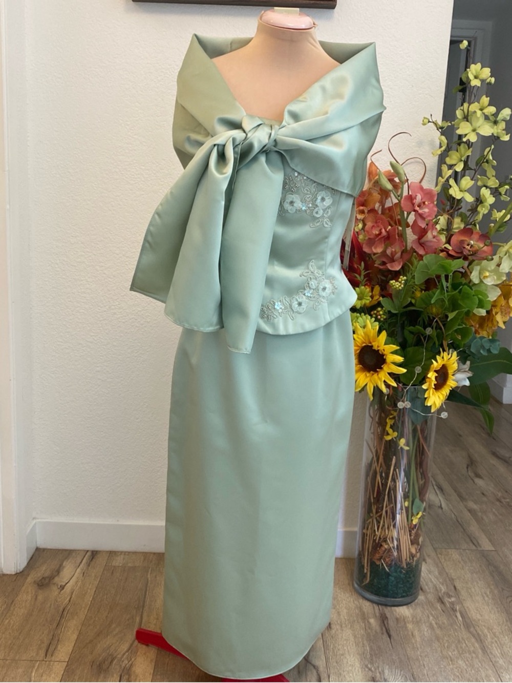 Sage Green Satin Evening Dress with Shawl Detail